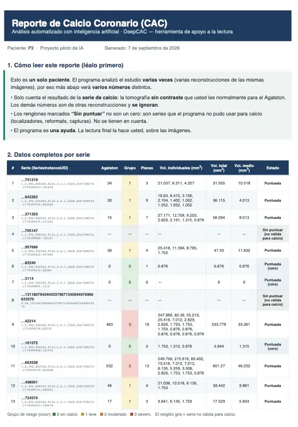 Reporte de calcio coronario (CAC) generado con IA durante el taller — IV Simposio de Imágenes Diagnósticas